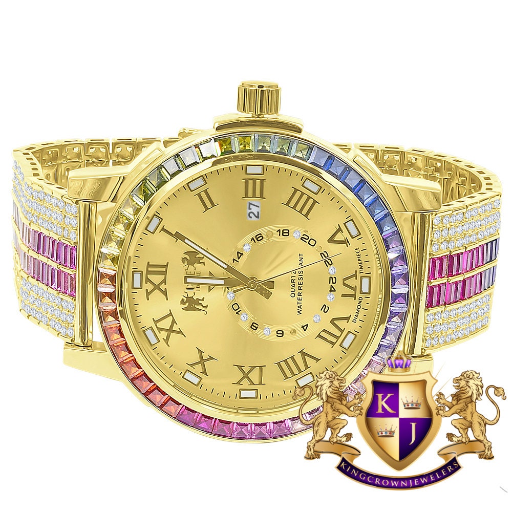 Baguette Rainbow Multi Tone Real Diamond Dial Roman Face Gold Tone Custom Band Bezel Watch W/Date