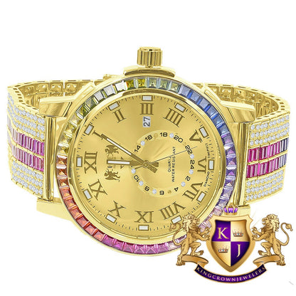 Baguette Rainbow Multi Tone Real Diamond Dial Roman Face Gold Tone Custom Band Bezel Watch W/Date