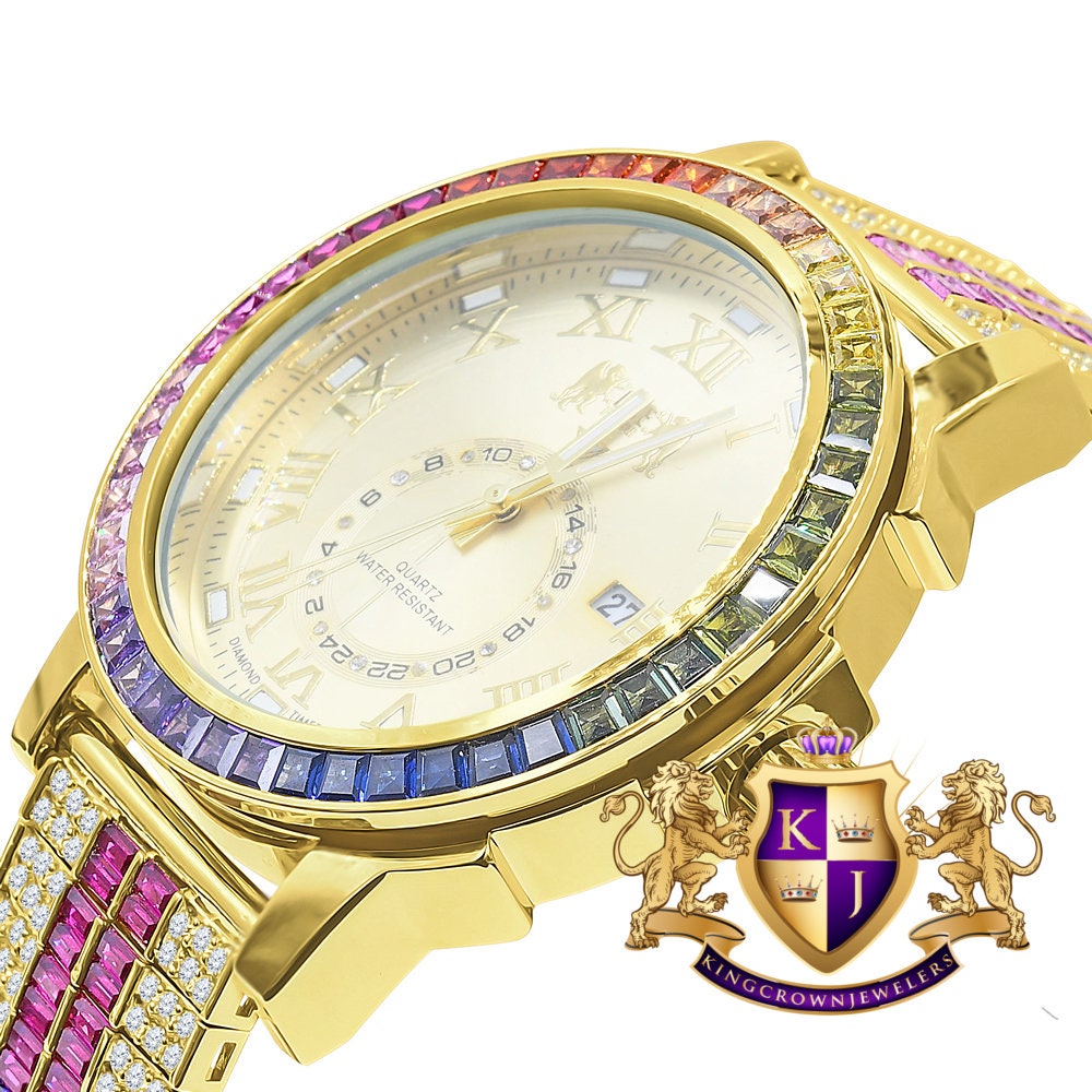 Baguette Rainbow Multi Tone Real Diamond Dial Roman Face Gold Tone Custom Band Bezel Watch W/Date