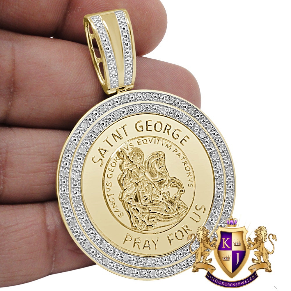 Real Genuine Authentic Diamond Saint George Religious Pendent 10K Yellow Gold Finish Charm Unisex