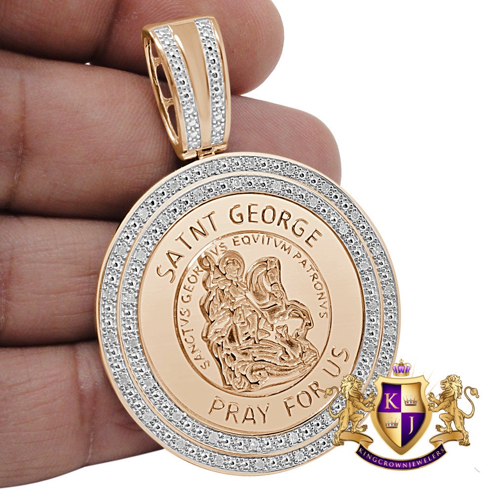 Real Genuine Authentic Diamond Saint George Religious Pendent 10K Rose Gold Finish Charm Unisex