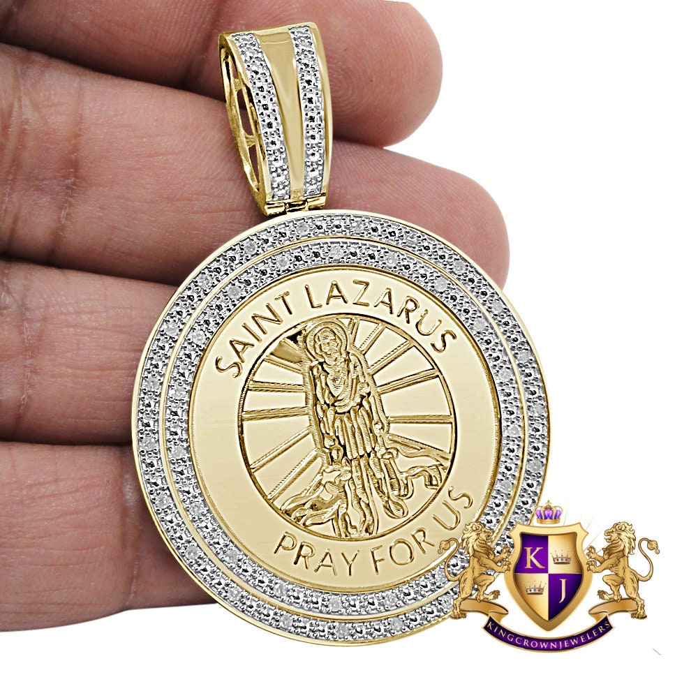 Genuine Real Authentic Natural Diamond 0.40 Cwt. Saint Lazarus Round Religious Medallion Pendant 10K Gold Over Jesus Unisex Charm 2.25''