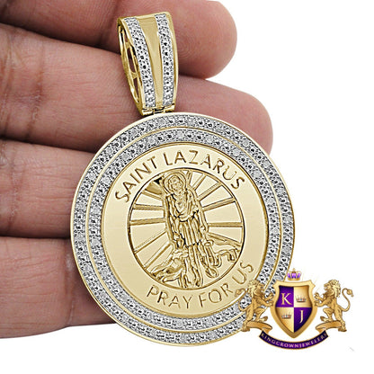 Genuine Real Authentic Natural Diamond 0.40 Cwt. Saint Lazarus Round Religious Medallion Pendant 10K Gold Over Jesus Unisex Charm 2.25''