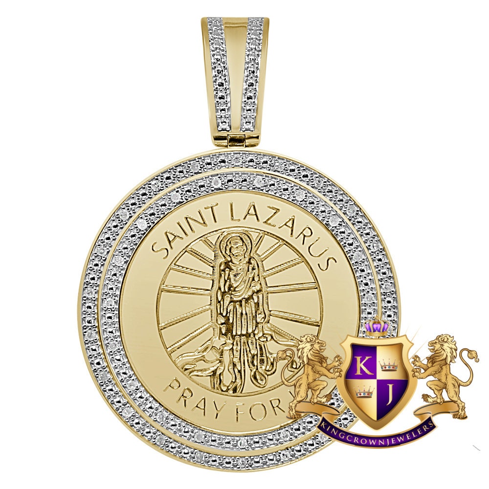 Genuine Real Authentic Natural Diamond 0.40 Cwt. Saint Lazarus Round Religious Medallion Pendant 10K Gold Over Jesus Unisex Charm 2.25''