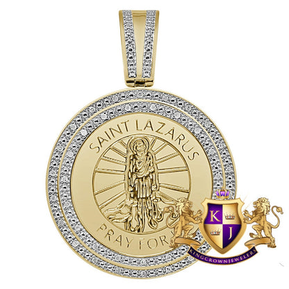 Genuine Real Authentic Natural Diamond 0.40 Cwt. Saint Lazarus Round Religious Medallion Pendant 10K Gold Over Jesus Unisex Charm 2.25''