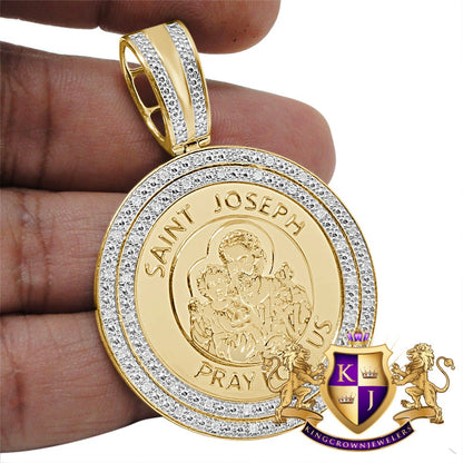 Real Genuine Authentic Diamond Saint Joseph Round Religious Medallion Pendent 10K Gold Charm Unisex 2.25''