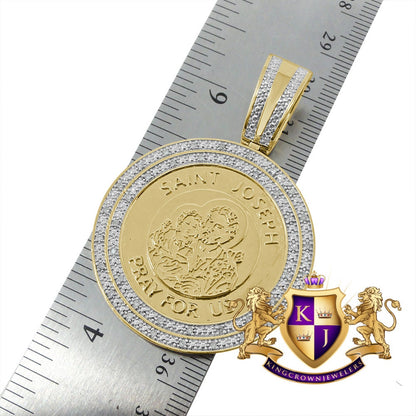 Real Genuine Authentic Diamond Saint Joseph Round Religious Medallion Pendent 10K Gold Charm Unisex 2.25''