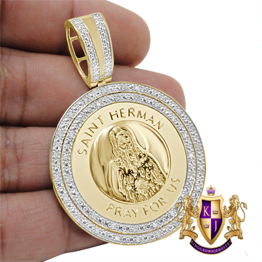 Real Genuine Authentic Diamond Saint Herman Religious Round Medallion Pendent 10K Gold Over Unisex Charm 2.25''