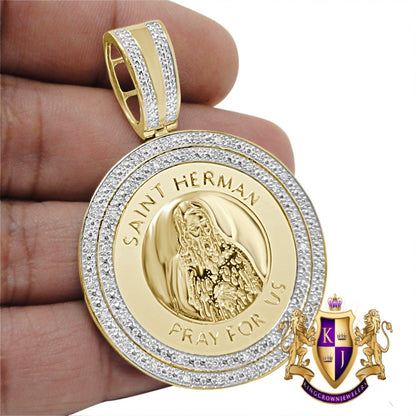 Real Genuine Authentic Diamond Saint Herman Religious Round Medallion Pendent 10K Gold Over Unisex Charm 2.25''