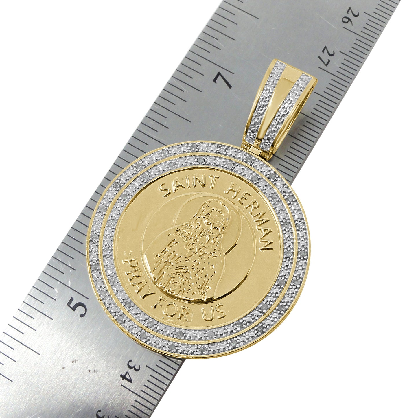 Real Genuine Authentic Diamond Saint Herman Religious Round Medallion Pendent 10K Gold Over Unisex Charm 2.25''