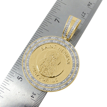 Real Genuine Authentic Diamond Saint Herman Religious Round Medallion Pendent 10K Gold Over Unisex Charm 2.25''