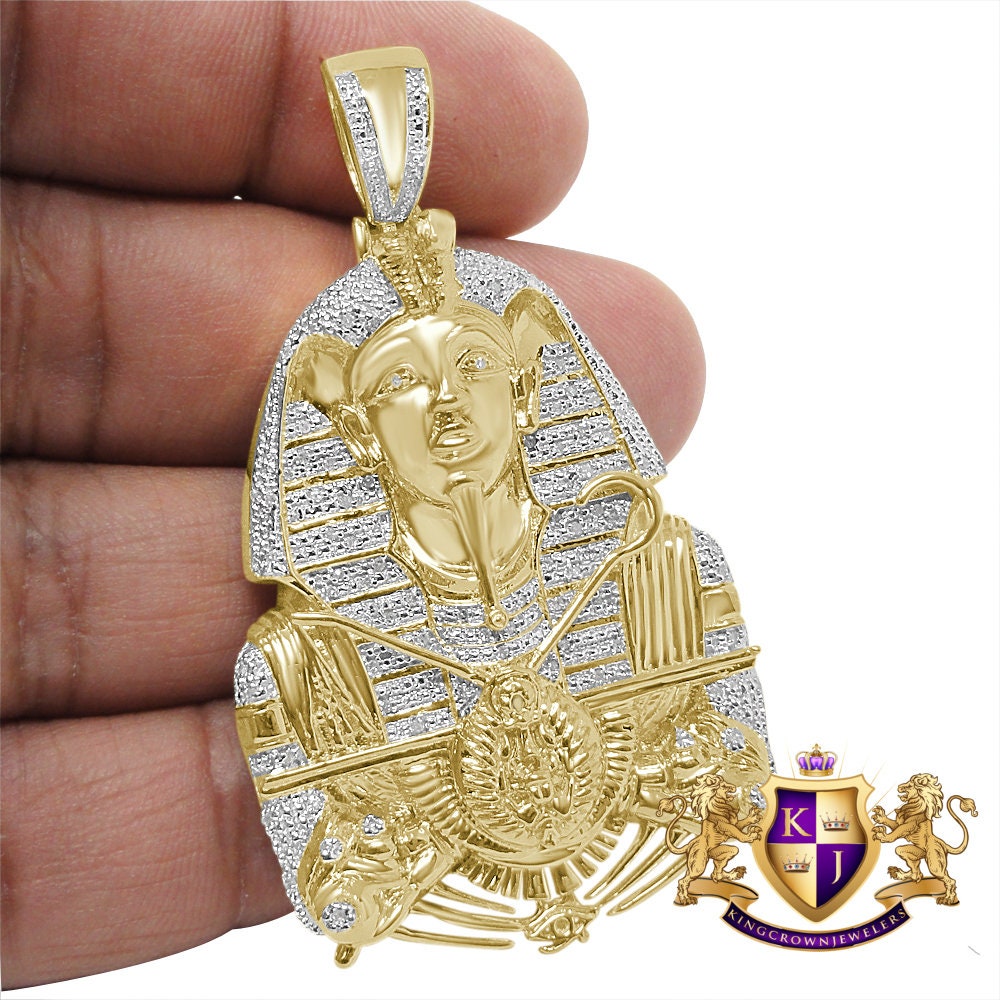 27 + Grams Genuine Real Authentic Diamond Egyptian Scarab Pharaoh Eye of Ra Ankh Cross Custom Pendent 10K Yellow Gold Finish Charm 2.35''