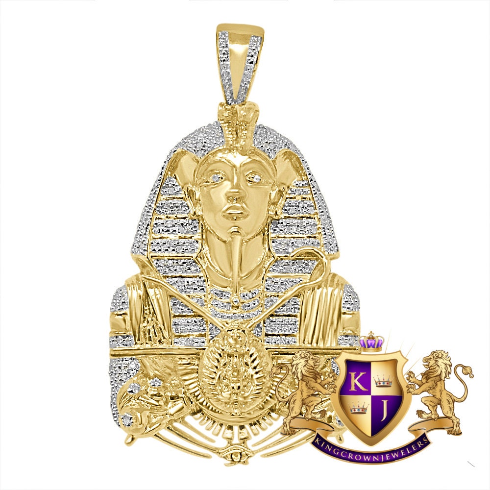 27 + Grams Genuine Real Authentic Diamond Egyptian Scarab Pharaoh Eye of Ra Ankh Cross Custom Pendent 10K Yellow Gold Finish Charm 2.35''