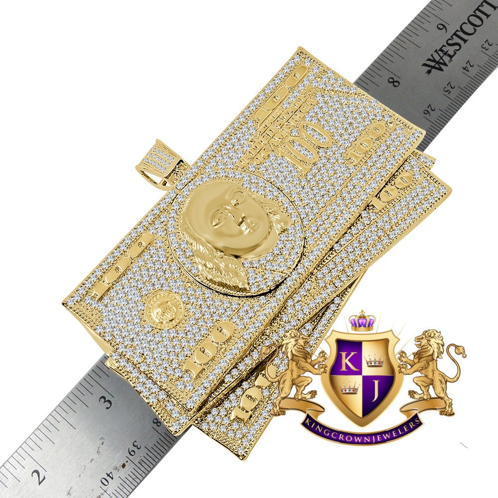194 + Grams Mens Huge XL Jumbo 14k Yellow Gold Over Simulated Diamond Dollar Bills Stacks Money Cash Exclusive Custom Pendent Charm