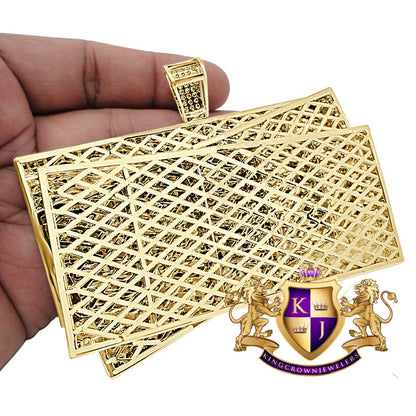 194 + Grams Mens Huge XL Jumbo 14k Yellow Gold Over Simulated Diamond Dollar Bills Stacks Money Cash Exclusive Custom Pendent Charm