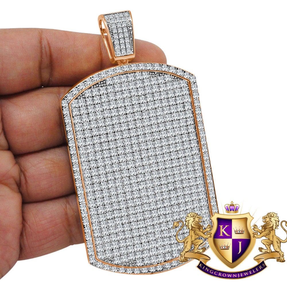 Mens Big Jumbo XL 3.75'' 14K Rose Gold Finish Simulated Diamond Dog Tag Custom Charm Pendent