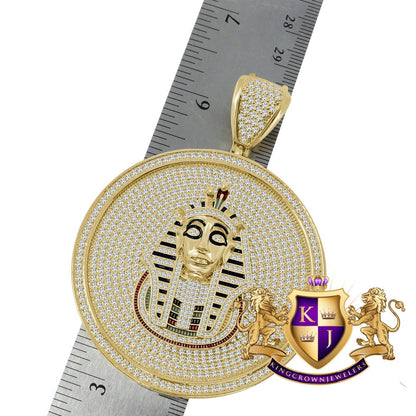 Mens XL 3.25'' 14K Yellow Gold Finish Simulated Diamond Egyptian Pharaoh King Tut Pendent Charm
