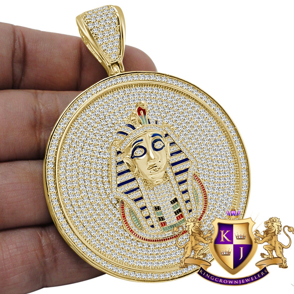 Mens XL 3.25'' 14K Yellow Gold Finish Simulated Diamond Egyptian Pharaoh King Tut Pendent Charm