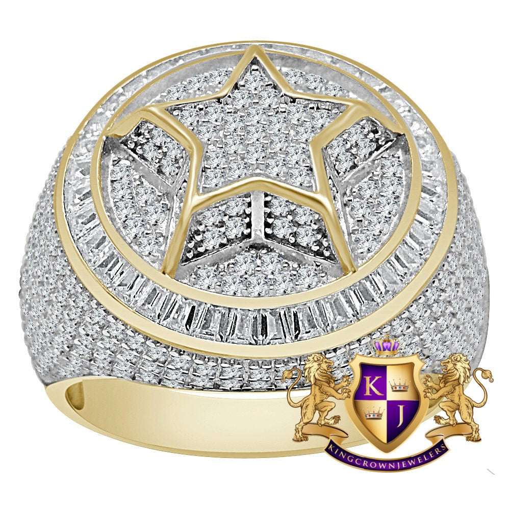 Mens 10K Yellow Gold On Real Genuine Sterling Silver Simulated Diamond Star Shape Ring Band