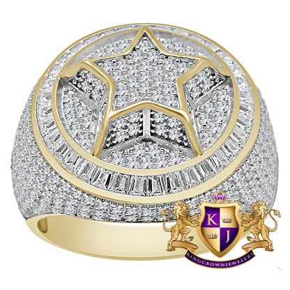 Mens 10K Yellow Gold On Real Genuine Sterling Silver Simulated Diamond Star Shape Ring Band