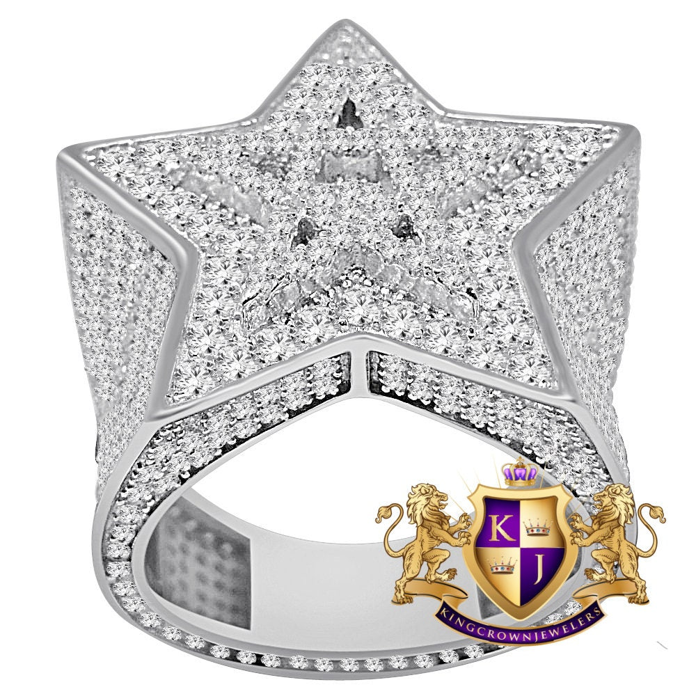 Big Bold Real White Gold Over Sterling Silver Simulated Diamond Star Shape Mens Ring Band