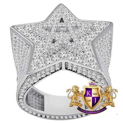 Big Bold Real White Gold Over Sterling Silver Simulated Diamond Star Shape Mens Ring Band