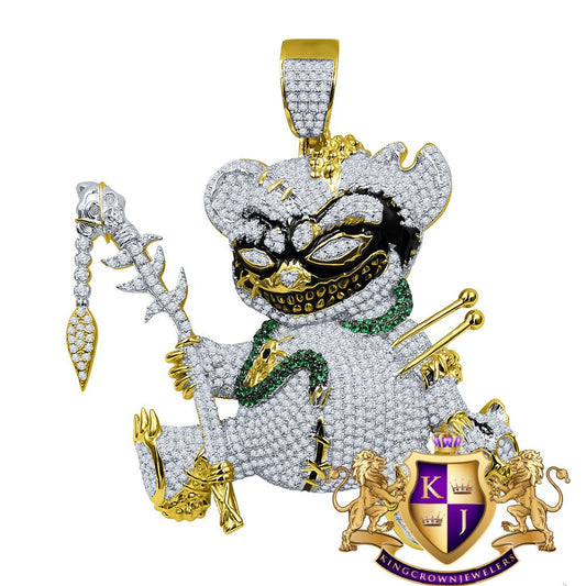 43 + Grams Big 3'' 14K Yellow Gold Over Real Sterling Silver Simulated Diamond Voodoo Teddy Bear Black Magic Exclusive Custom Charm Pendent