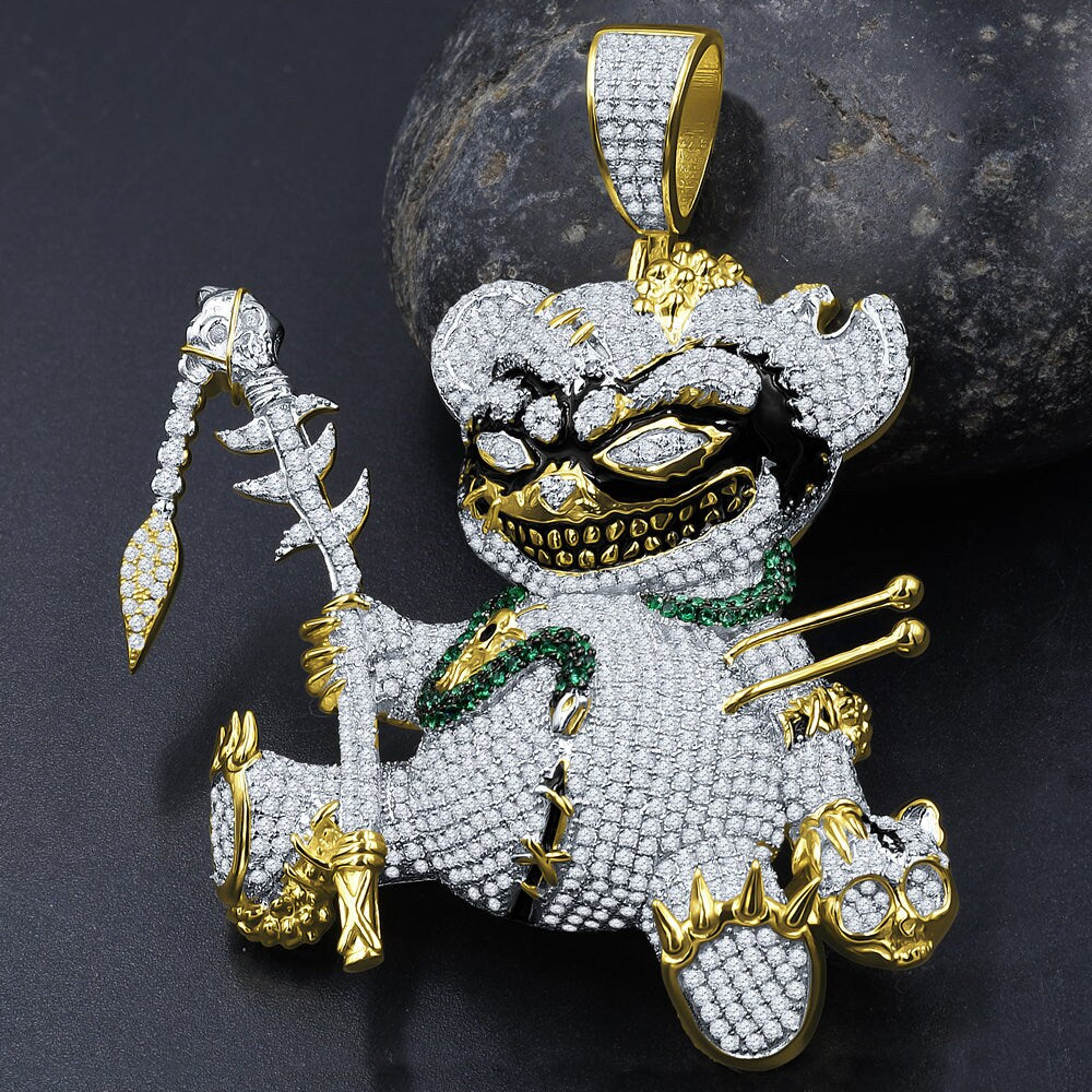 43 + Grams Big 3'' 14K Yellow Gold Over Real Sterling Silver Simulated Diamond Voodoo Teddy Bear Black Magic Exclusive Custom Charm Pendent