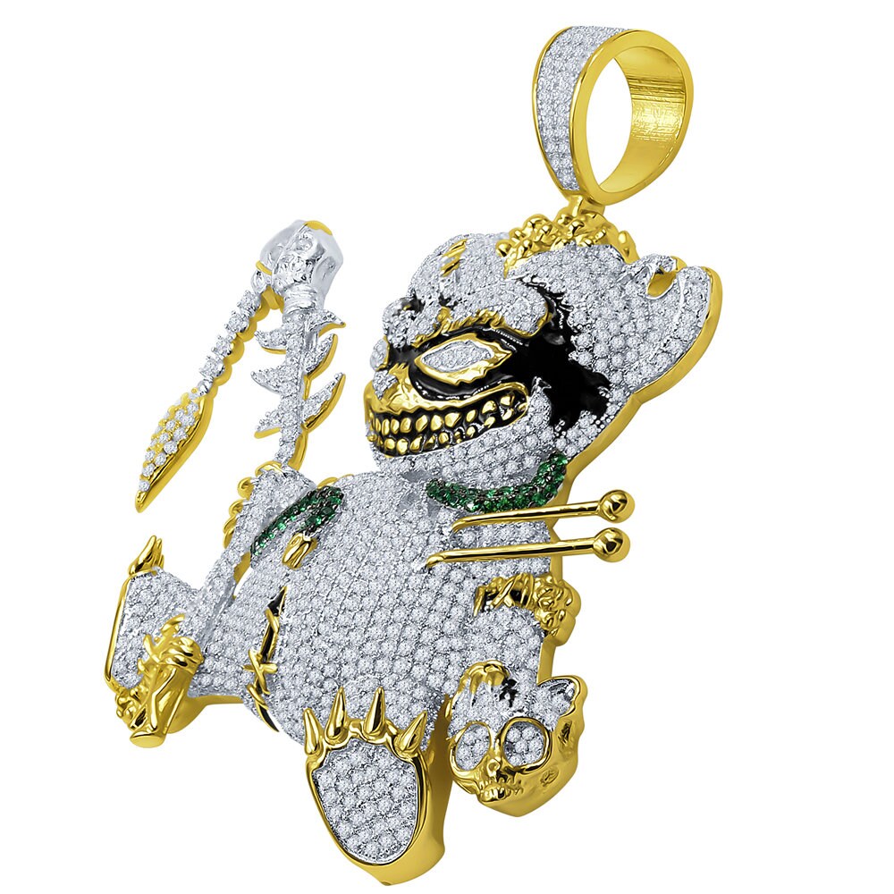 43 + Grams Big 3'' 14K Yellow Gold Over Real Sterling Silver Simulated Diamond Voodoo Teddy Bear Black Magic Exclusive Custom Charm Pendent