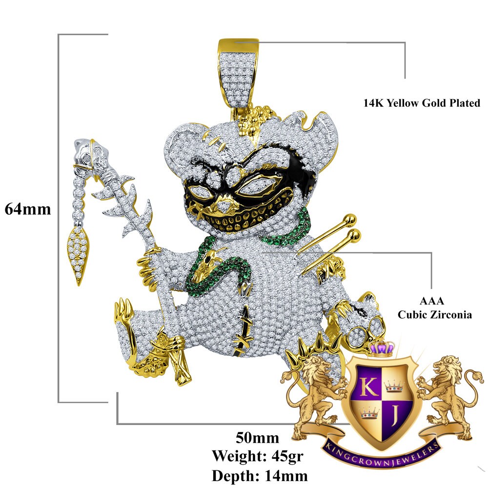 43 + Grams Big 3'' 14K Yellow Gold Over Real Sterling Silver Simulated Diamond Voodoo Teddy Bear Black Magic Exclusive Custom Charm Pendent