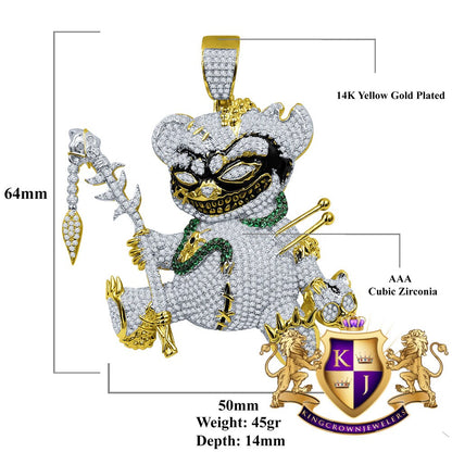 43 + Grams Big 3'' 14K Yellow Gold Over Real Sterling Silver Simulated Diamond Voodoo Teddy Bear Black Magic Exclusive Custom Charm Pendent