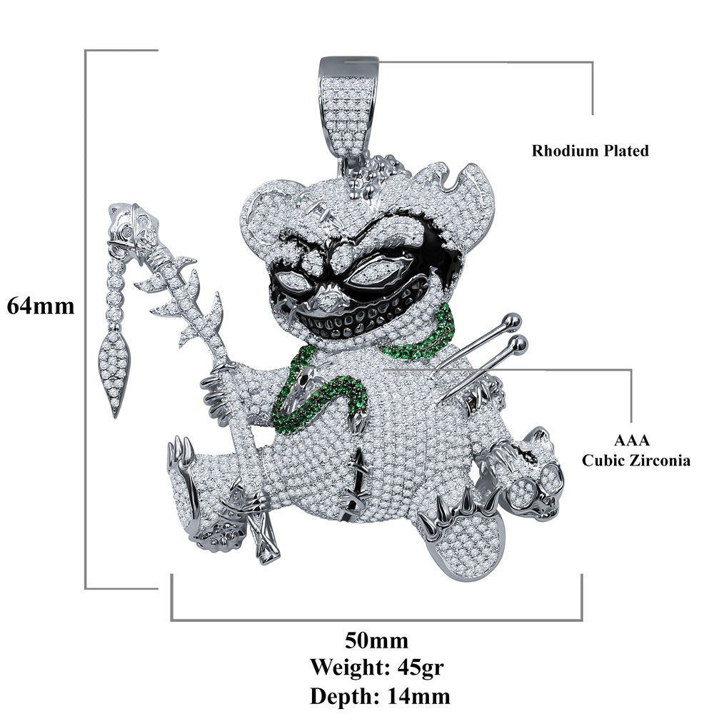 Big 3'' 14k White Gold On Real Sterling Silver Simulated Diamond Voodoo Teddy Bear Black Magic Exclusive Custom Charm Pendent