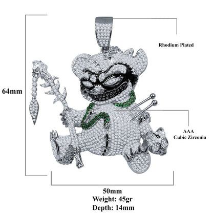 Big 3'' 14k White Gold On Real Sterling Silver Simulated Diamond Voodoo Teddy Bear Black Magic Exclusive Custom Charm Pendent