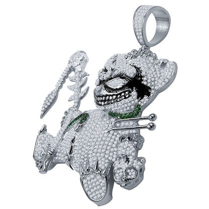 Big 3'' 14k White Gold On Real Sterling Silver Simulated Diamond Voodoo Teddy Bear Black Magic Exclusive Custom Charm Pendent