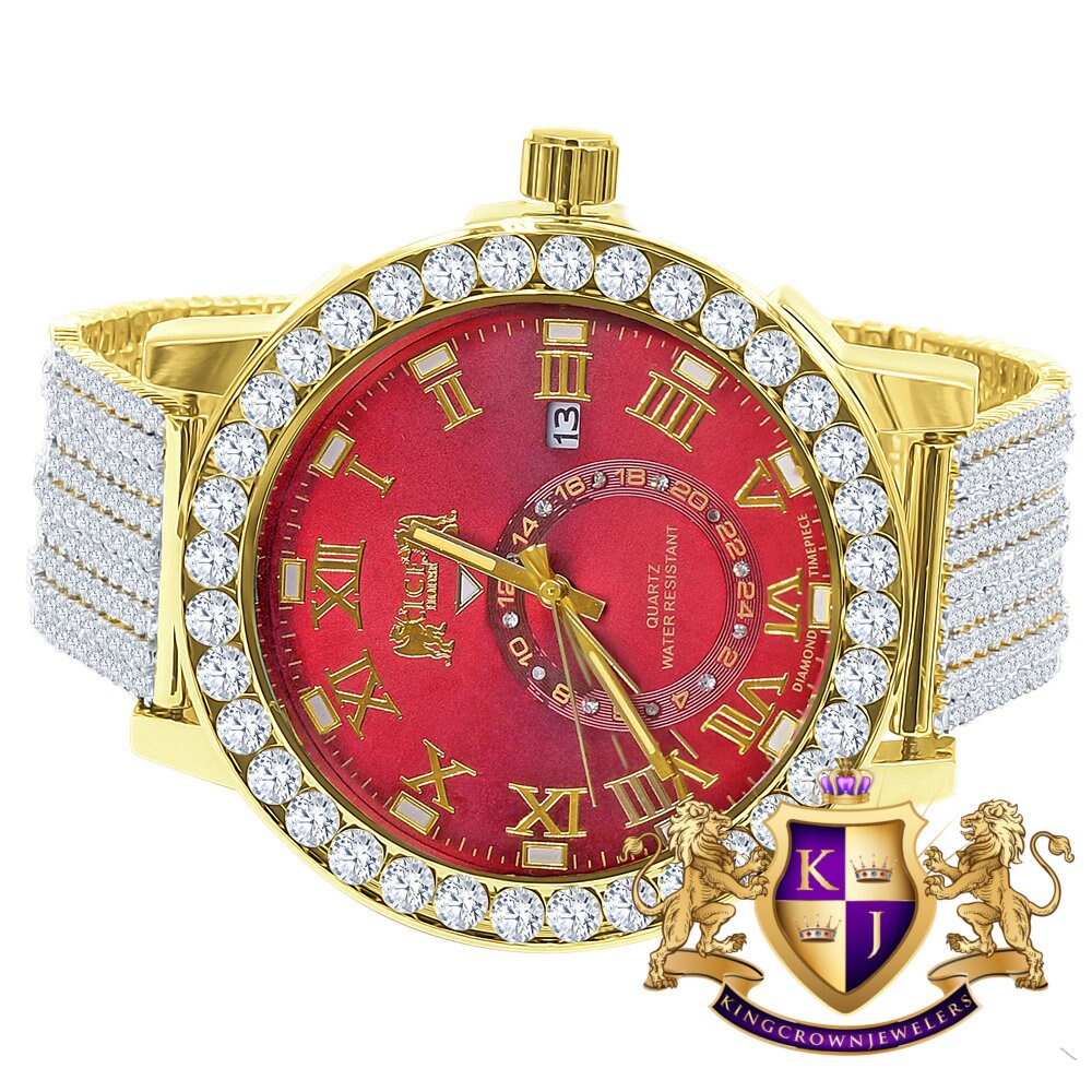 Ruby Red Mens Solitaire Real Diamond Dial Roman Face Gold Tone Custom Bezrl Band Watch XL 55mm W/Date