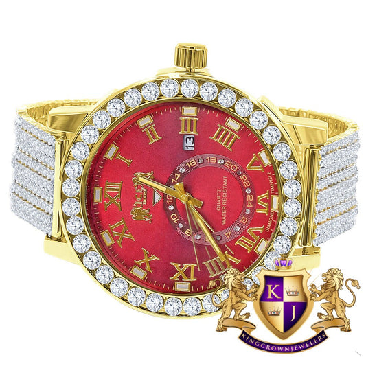 Ruby Red Mens Solitaire Real Diamond Dial Roman Face Gold Tone Custom Bezrl Band Watch XL 55mm W/Date