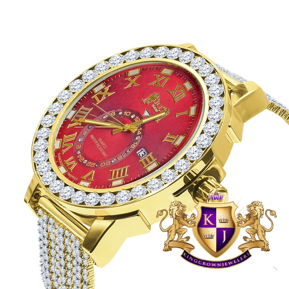 Ruby Red Mens Solitaire Real Diamond Dial Roman Face Gold Tone Custom Bezrl Band Watch XL 55mm W/Date