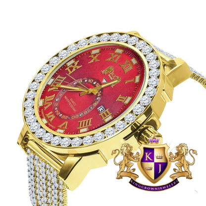 Ruby Red Mens Solitaire Real Diamond Dial Roman Face Gold Tone Custom Bezrl Band Watch XL 55mm W/Date