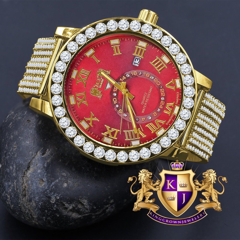 Ruby Red Mens Solitaire Real Diamond Dial Roman Face Gold Tone Custom Bezrl Band Watch XL 55mm W/Date
