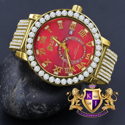 Ruby Red Mens Solitaire Real Diamond Dial Roman Face Gold Tone Custom Bezrl Band Watch XL 55mm W/Date