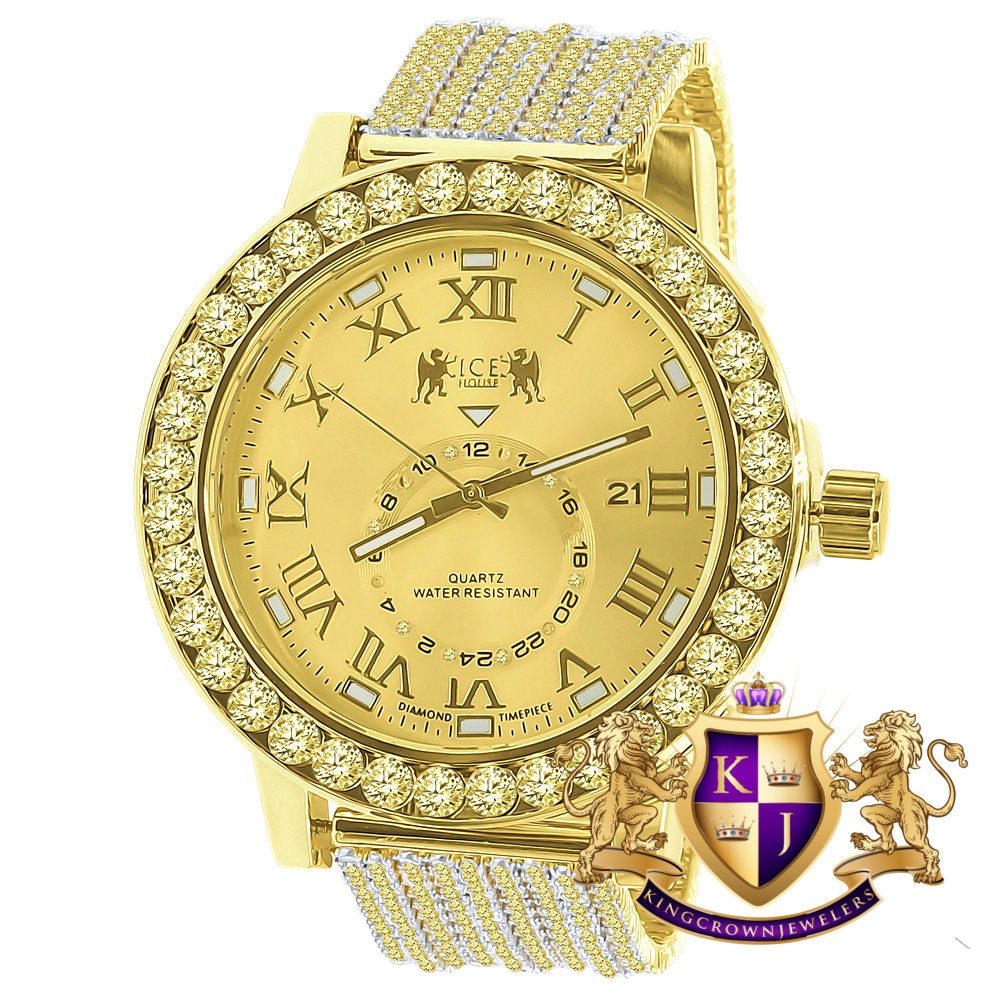 Yellow Canary Solitaire Real Diamond Dial Roman Face Gold Tone Steel Bezel Custom Band Watch XL 55mm W/Date