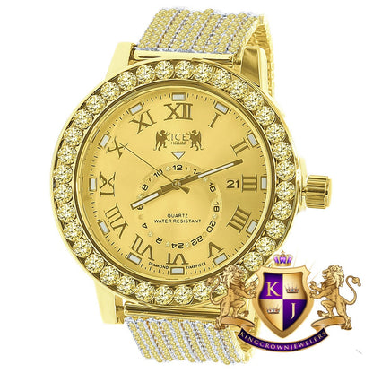 Yellow Canary Solitaire Real Diamond Dial Roman Face Gold Tone Steel Bezel Custom Band Watch XL 55mm W/Date