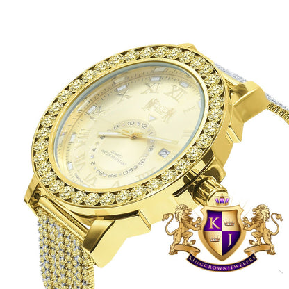 Yellow Canary Solitaire Real Diamond Dial Roman Face Gold Tone Steel Bezel Custom Band Watch XL 55mm W/Date