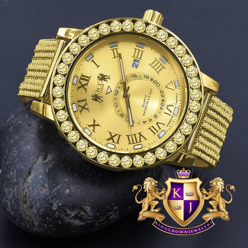Yellow Canary Solitaire Real Diamond Dial Roman Face Gold Tone Steel Bezel Custom Band Watch XL 55mm W/Date