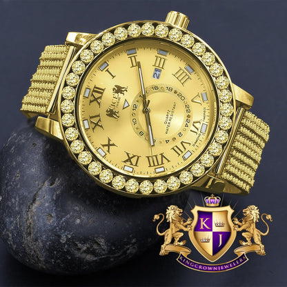 Yellow Canary Solitaire Real Diamond Dial Roman Face Gold Tone Steel Bezel Custom Band Watch XL 55mm W/Date