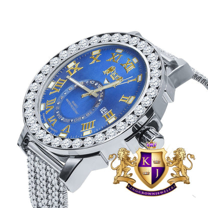 Mens Solitaire Real Diamond Dial Roman Blue Sapphire Face White Tone Custom Bezel Band Watch XL 55mm W/Date
