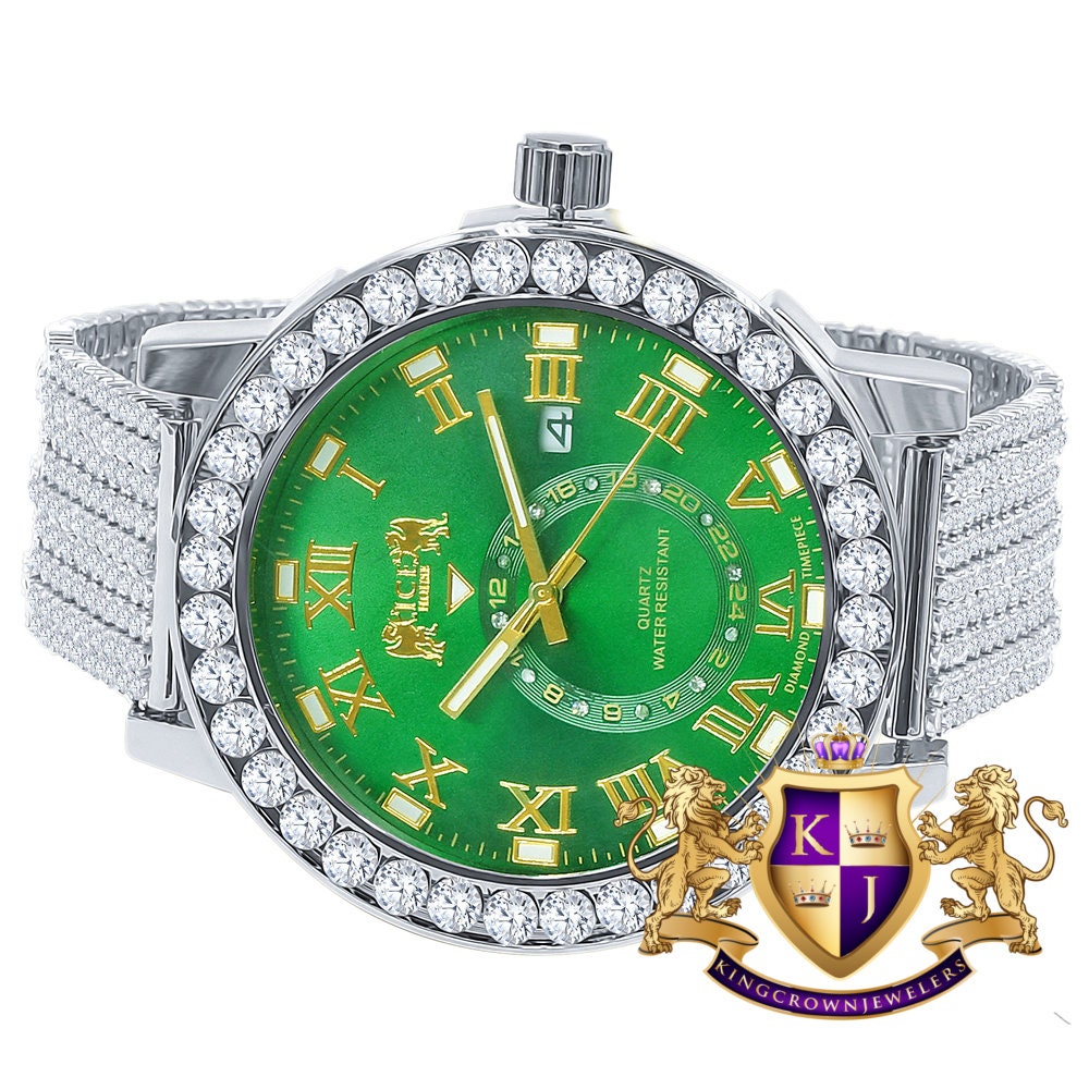 Mens Solitaire Real Diamond Dial Roman Emerald Green  Face White Tone Custom Bezel Band Watch XL 55mm W/Date