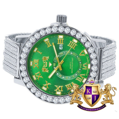 Mens Solitaire Real Diamond Dial Roman Emerald Green  Face White Tone Custom Bezel Band Watch XL 55mm W/Date