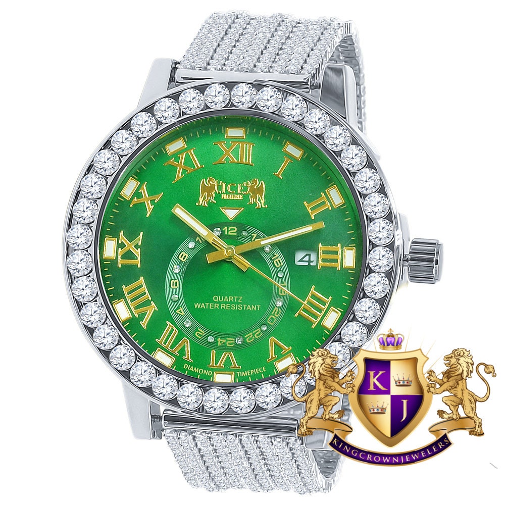 Mens Solitaire Real Diamond Dial Roman Emerald Green  Face White Tone Custom Bezel Band Watch XL 55mm W/Date