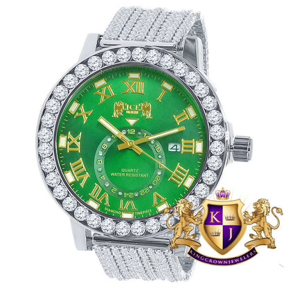 Mens Solitaire Real Diamond Dial Roman Emerald Green  Face White Tone Custom Bezel Band Watch XL 55mm W/Date